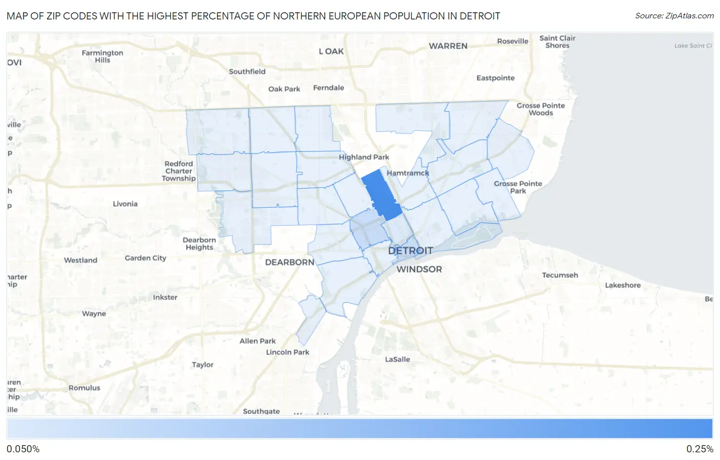 Zip Codes with the Highest Percentage of Northern European Population in Detroit Map
