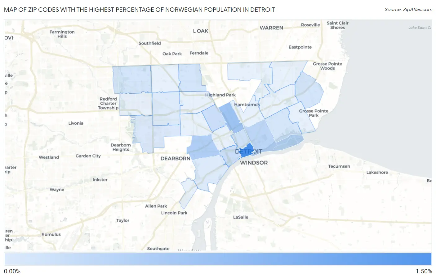 Zip Codes with the Highest Percentage of Norwegian Population in Detroit Map