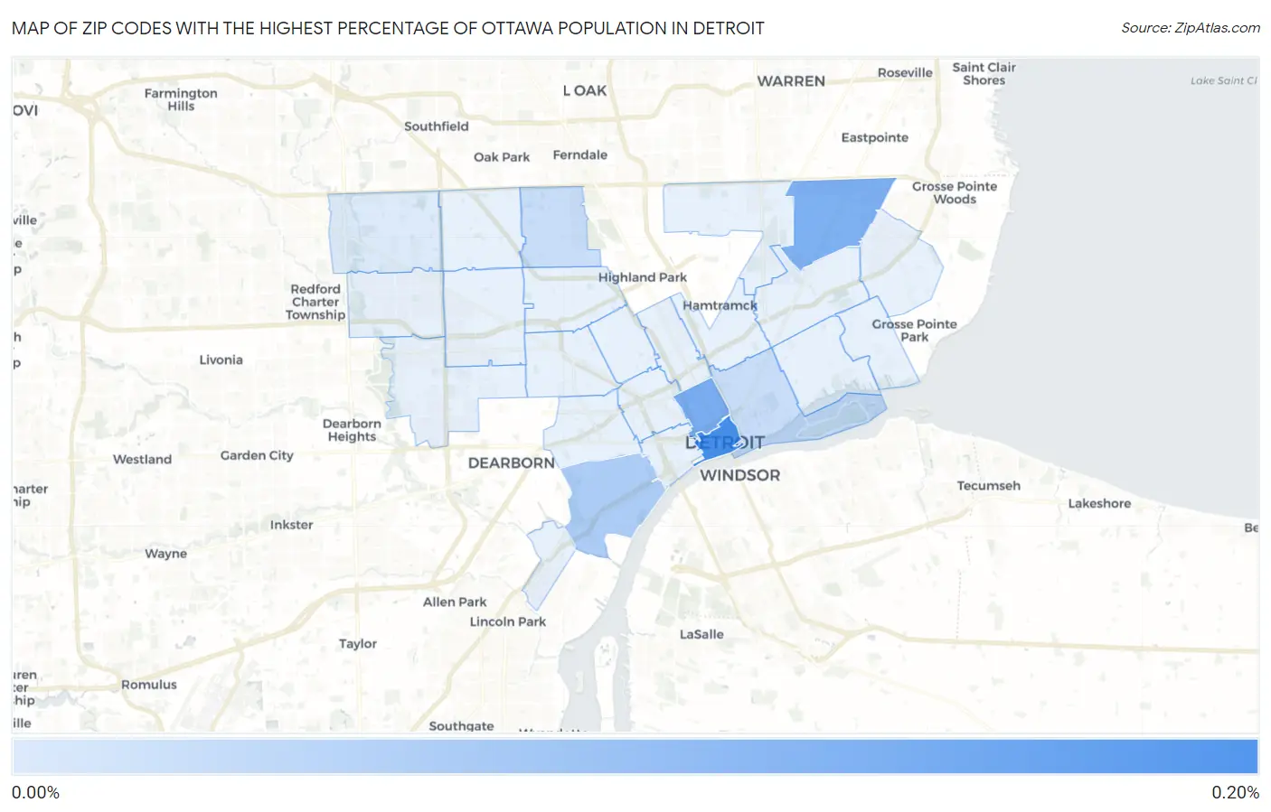 Zip Codes with the Highest Percentage of Ottawa Population in Detroit Map
