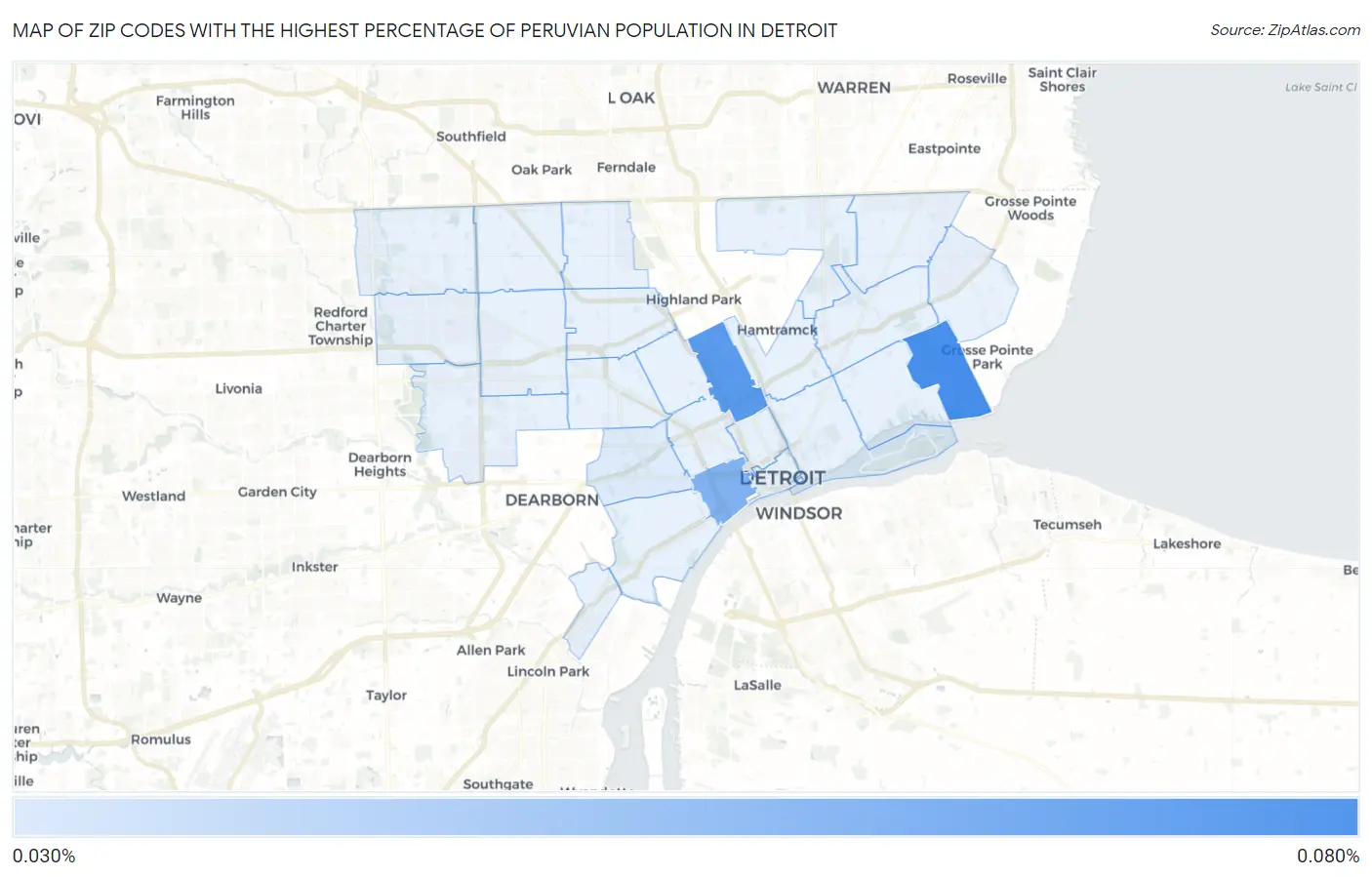 Zip Codes with the Highest Percentage of Peruvian Population in Detroit Map