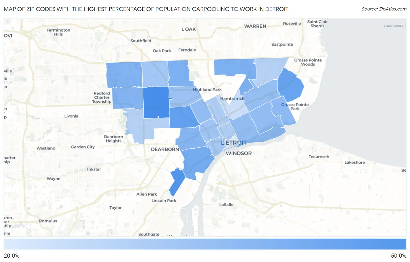 Zip Codes with the Highest Percentage of Population Carpooling to Work in Detroit Map