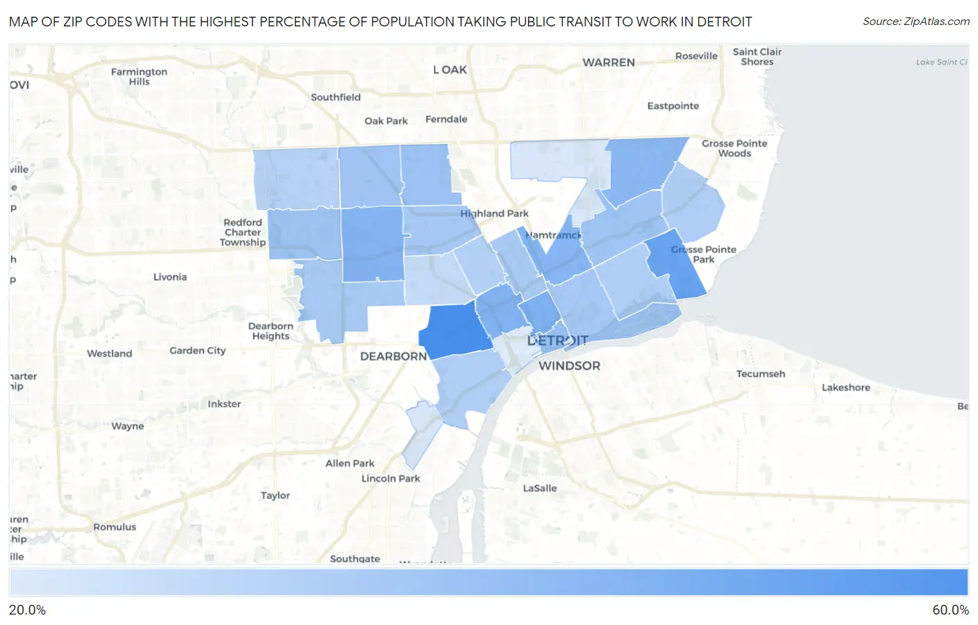 Zip Codes with the Highest Percentage of Population Taking Public Transit to Work in Detroit Map