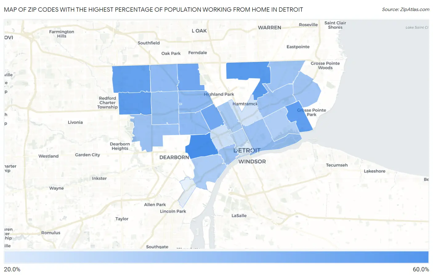 Zip Codes with the Highest Percentage of Population Working from Home in Detroit Map