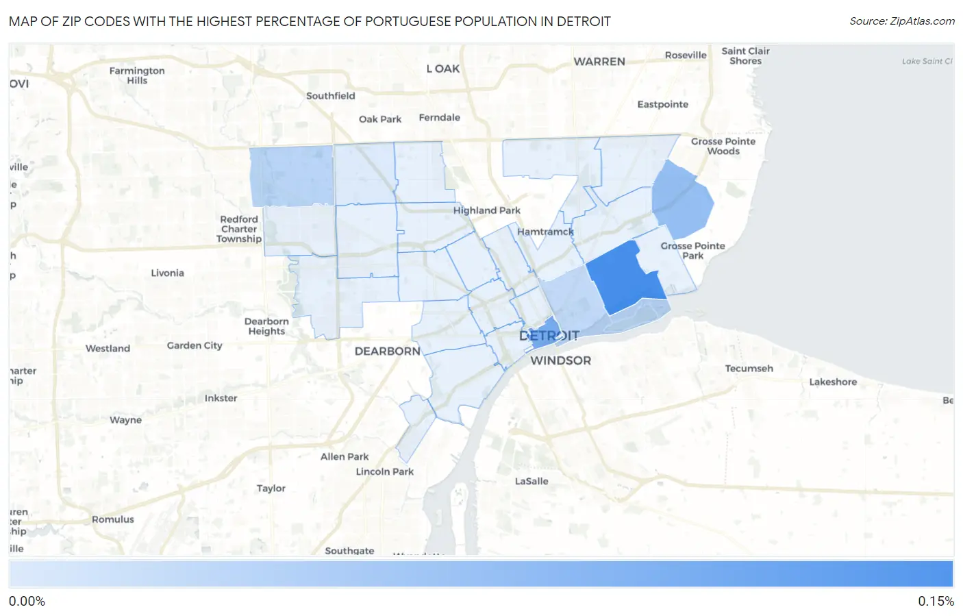 Zip Codes with the Highest Percentage of Portuguese Population in Detroit Map