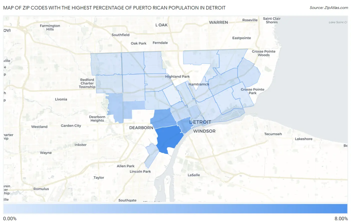 Zip Codes with the Highest Percentage of Puerto Rican Population in Detroit Map