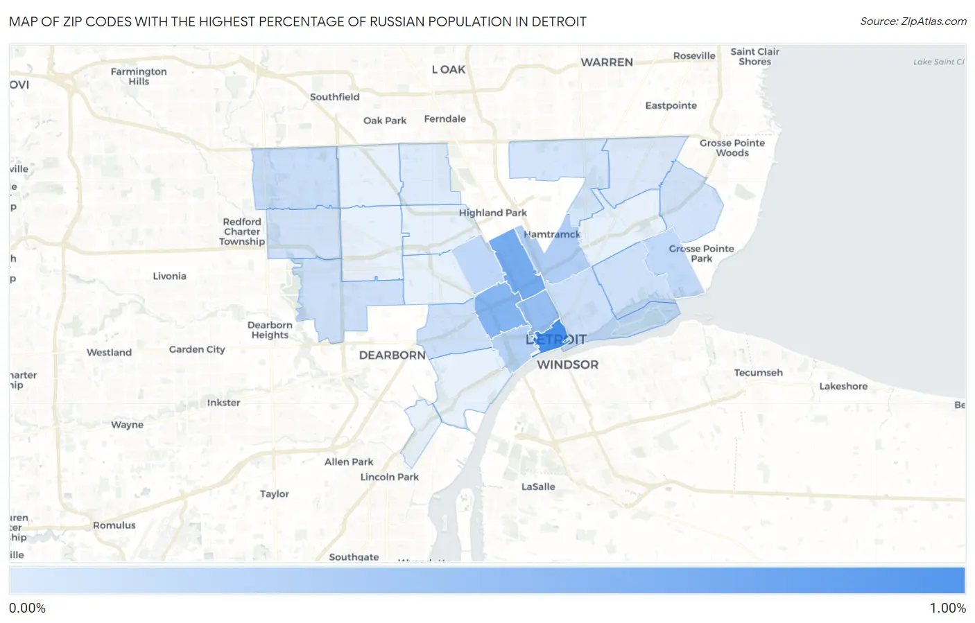 Zip Codes with the Highest Percentage of Russian Population in Detroit Map