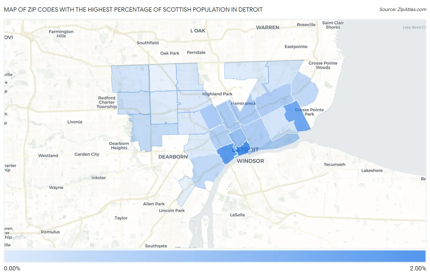 Zip Codes with the Highest Percentage of Scottish Population in Detroit Map