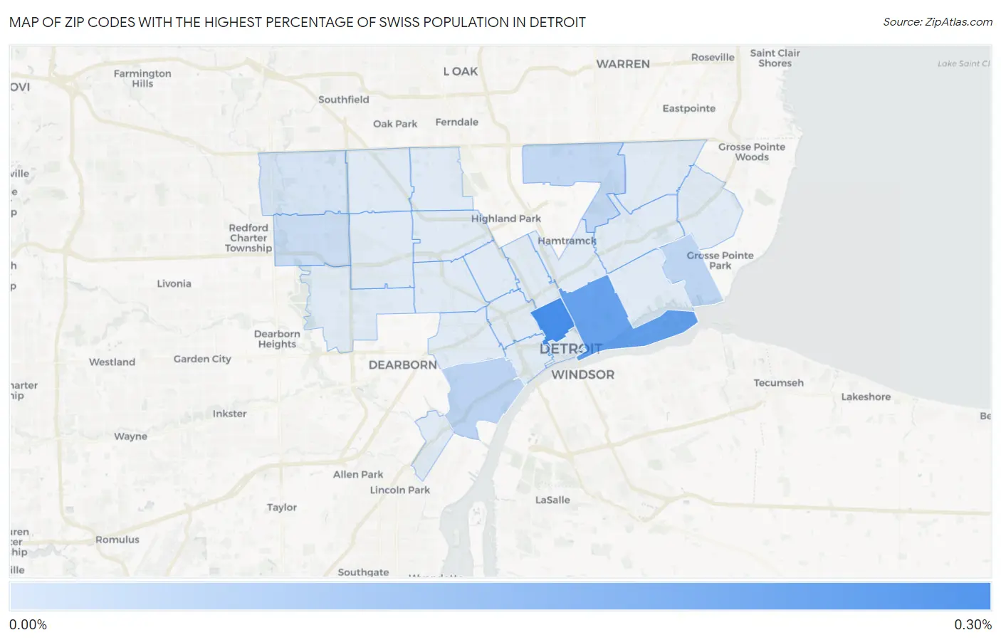 Zip Codes with the Highest Percentage of Swiss Population in Detroit Map