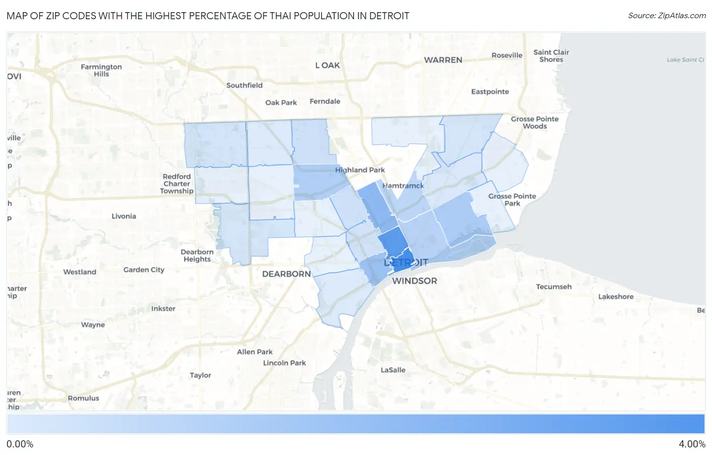 Zip Codes with the Highest Percentage of Thai Population in Detroit Map