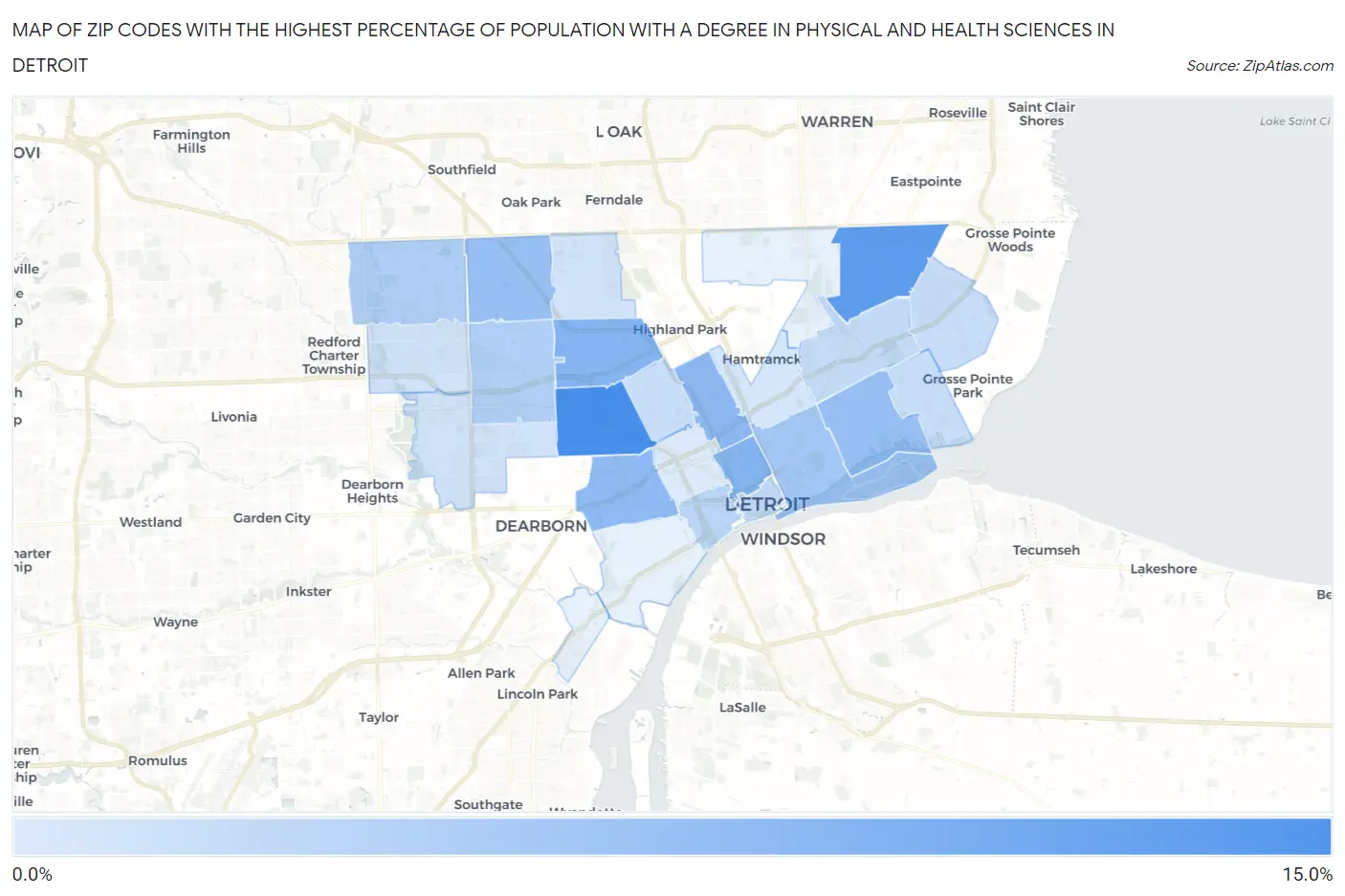 Zip Codes with the Highest Percentage of Population with a Degree in Physical and Health Sciences in Detroit Map