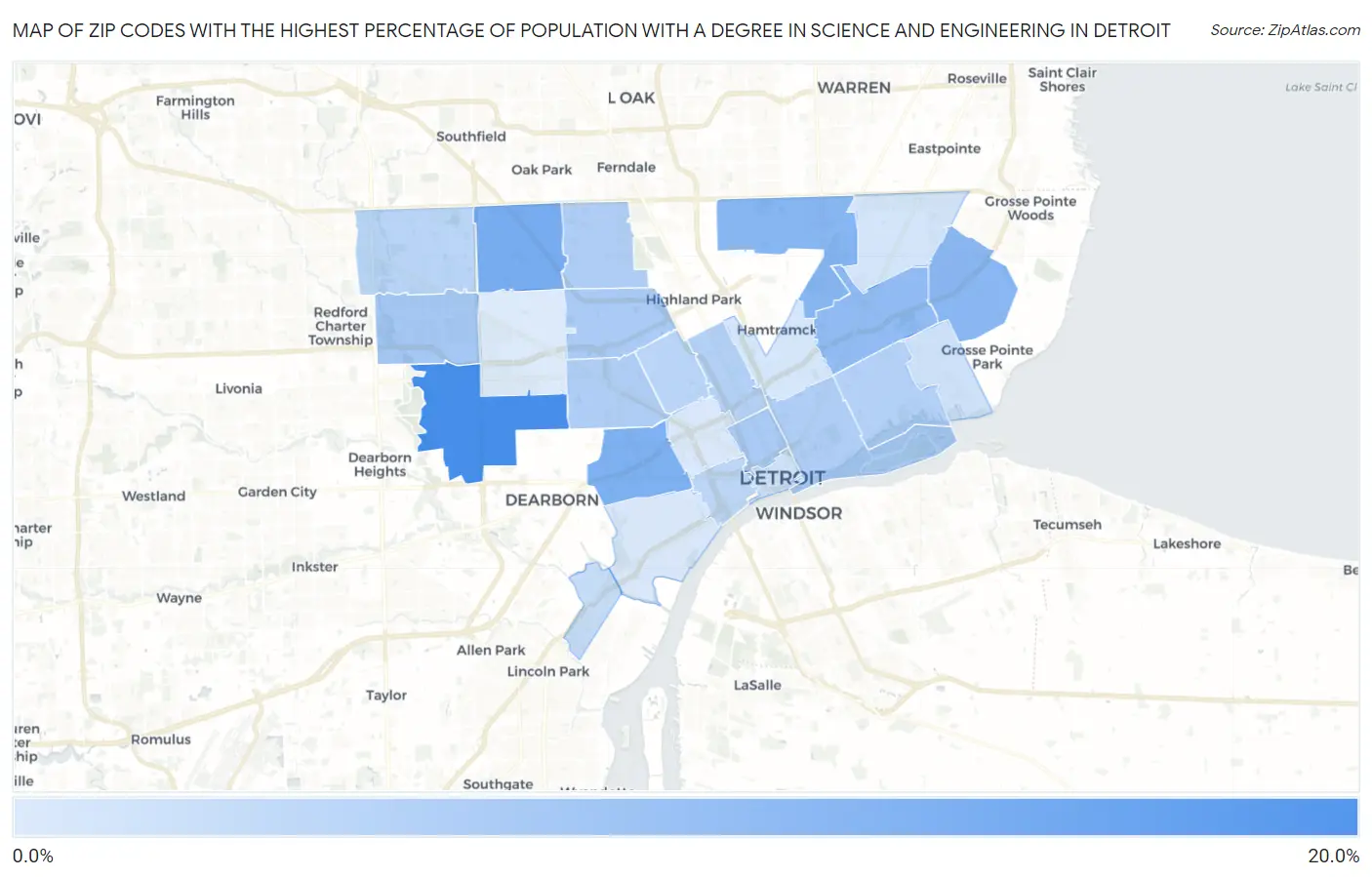 Zip Codes with the Highest Percentage of Population with a Degree in Science and Engineering in Detroit Map