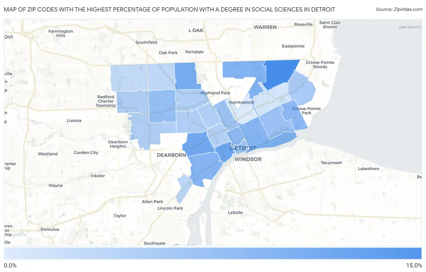 Zip Codes with the Highest Percentage of Population with a Degree in Social Sciences in Detroit Map