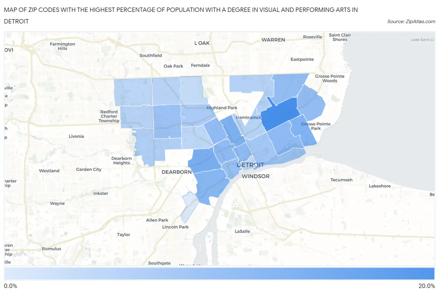 Zip Codes with the Highest Percentage of Population with a Degree in Visual and Performing Arts in Detroit Map