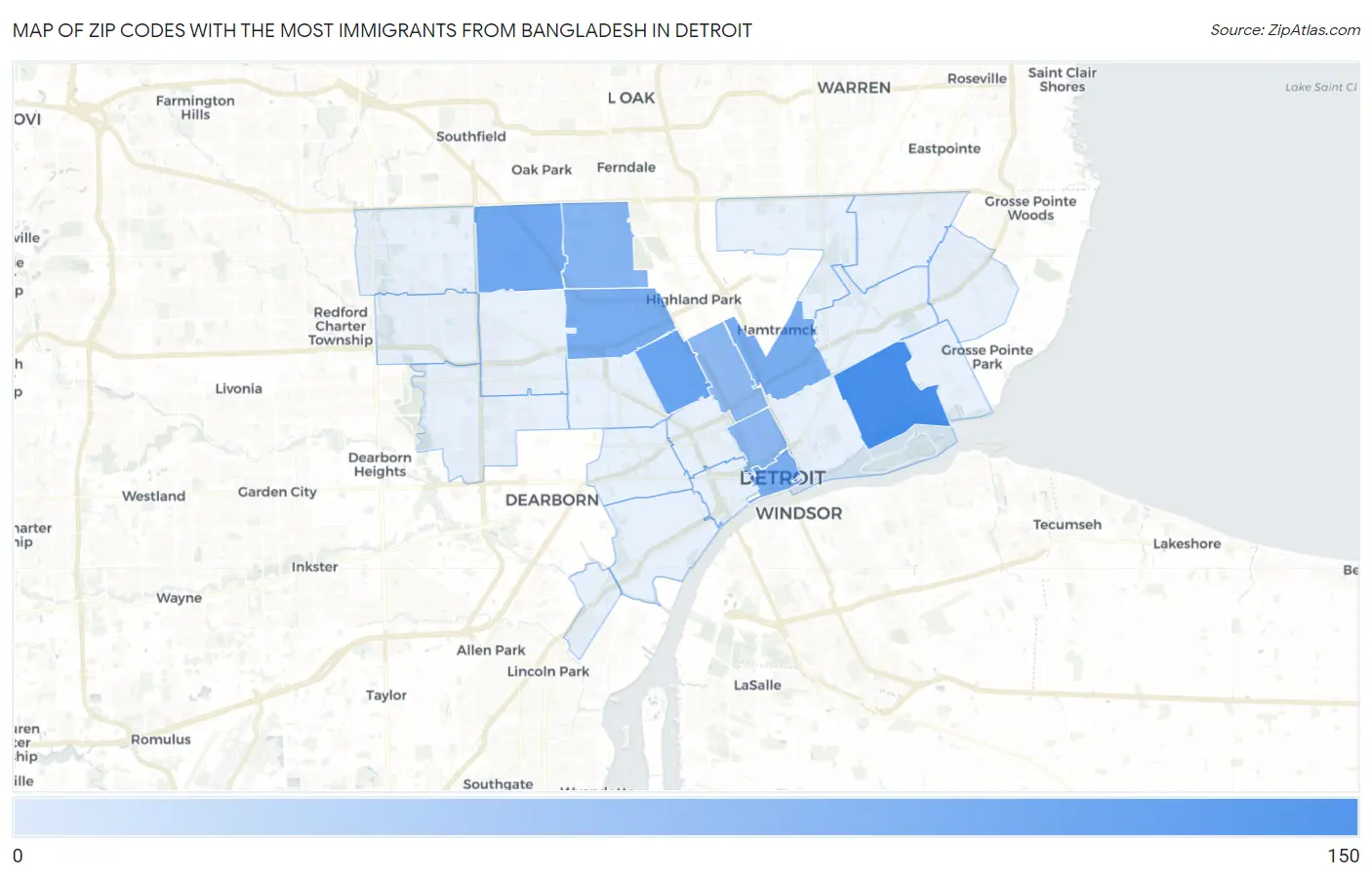 Zip Codes with the Most Immigrants from Bangladesh in Detroit Map