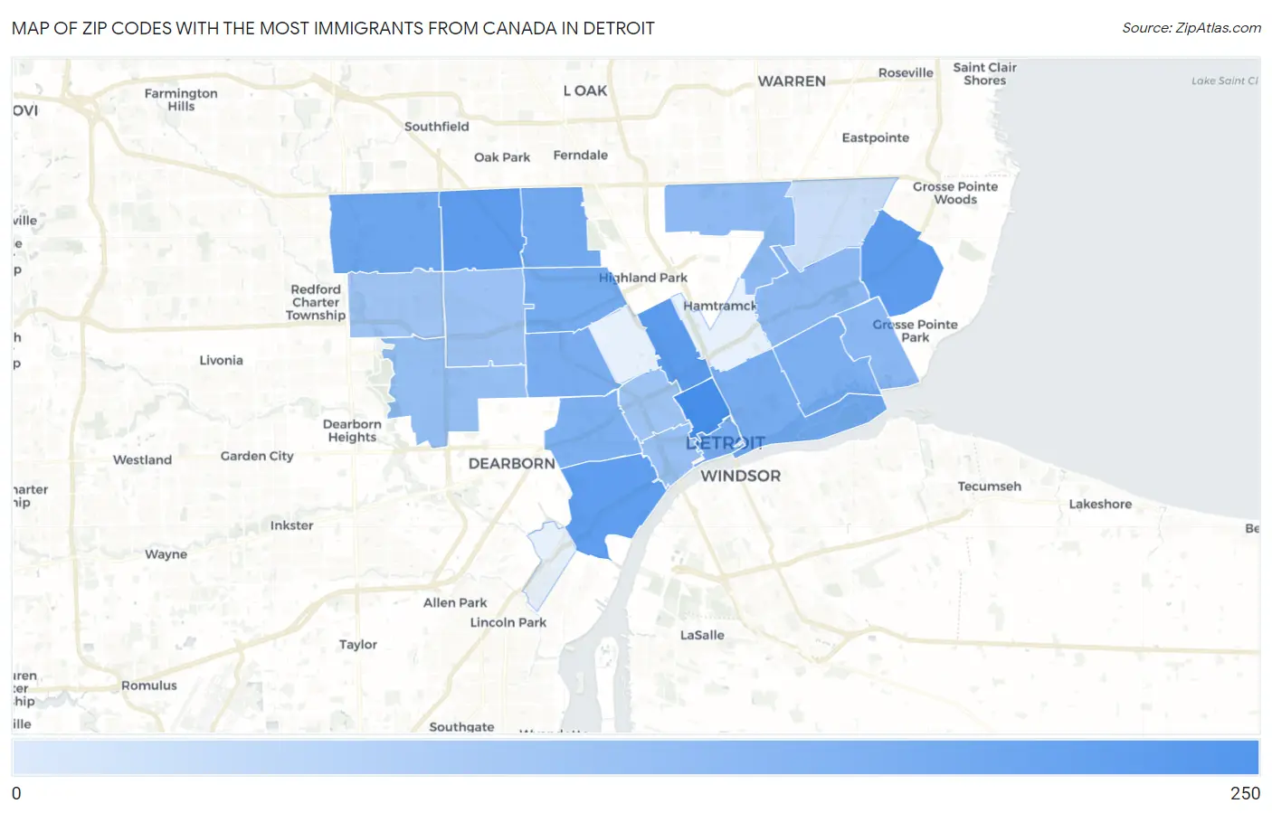 Zip Codes with the Most Immigrants from Canada in Detroit Map
