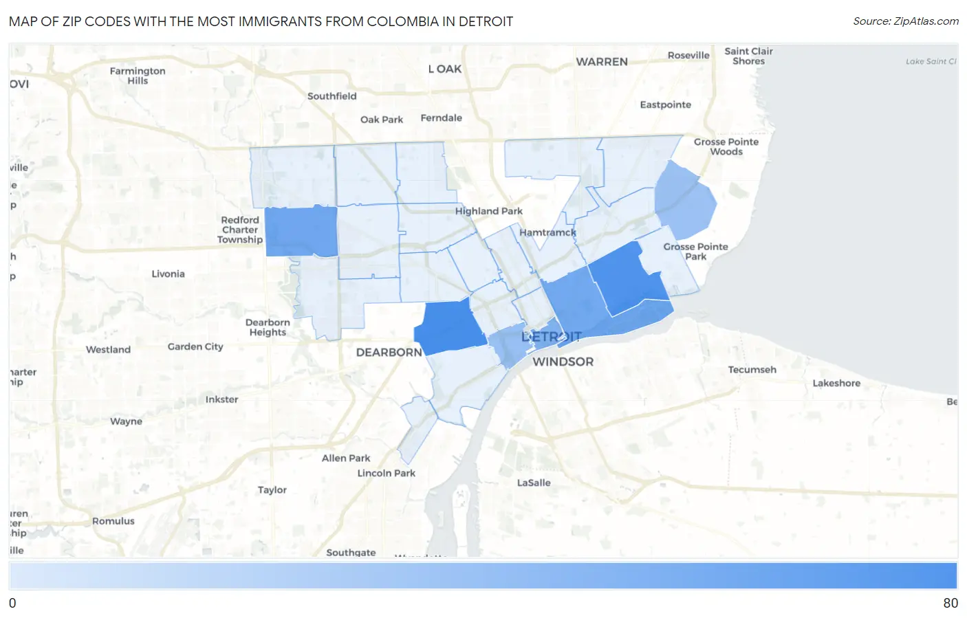 Zip Codes with the Most Immigrants from Colombia in Detroit Map
