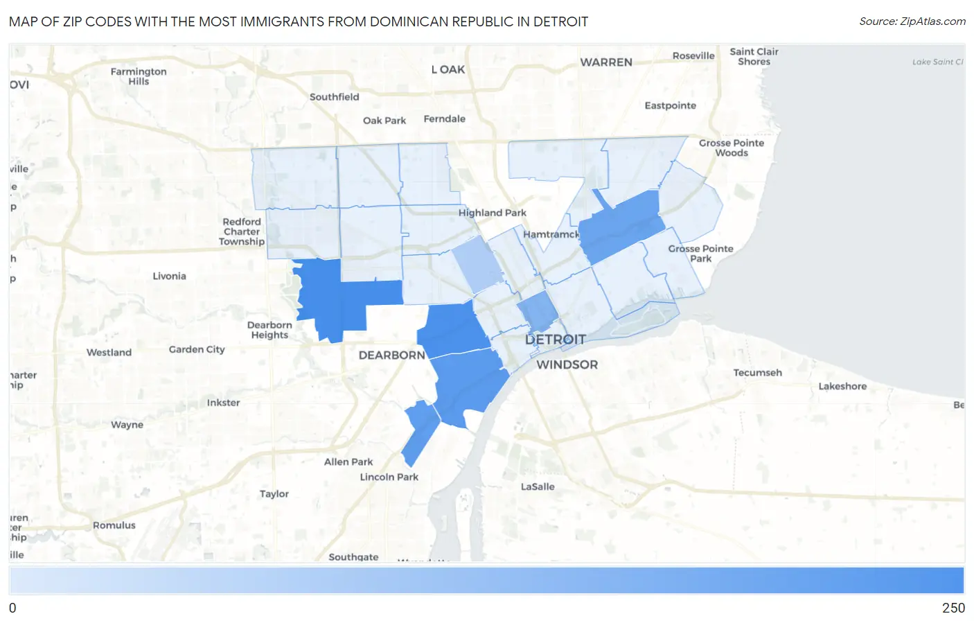 Zip Codes with the Most Immigrants from Dominican Republic in Detroit Map