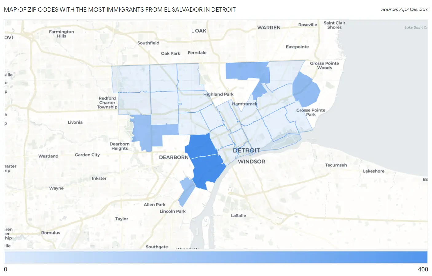 Zip Codes with the Most Immigrants from El Salvador in Detroit Map