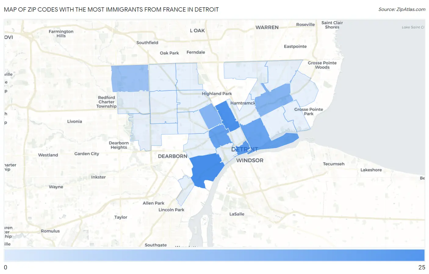 Zip Codes with the Most Immigrants from France in Detroit Map
