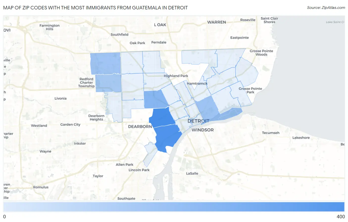 Zip Codes with the Most Immigrants from Guatemala in Detroit Map
