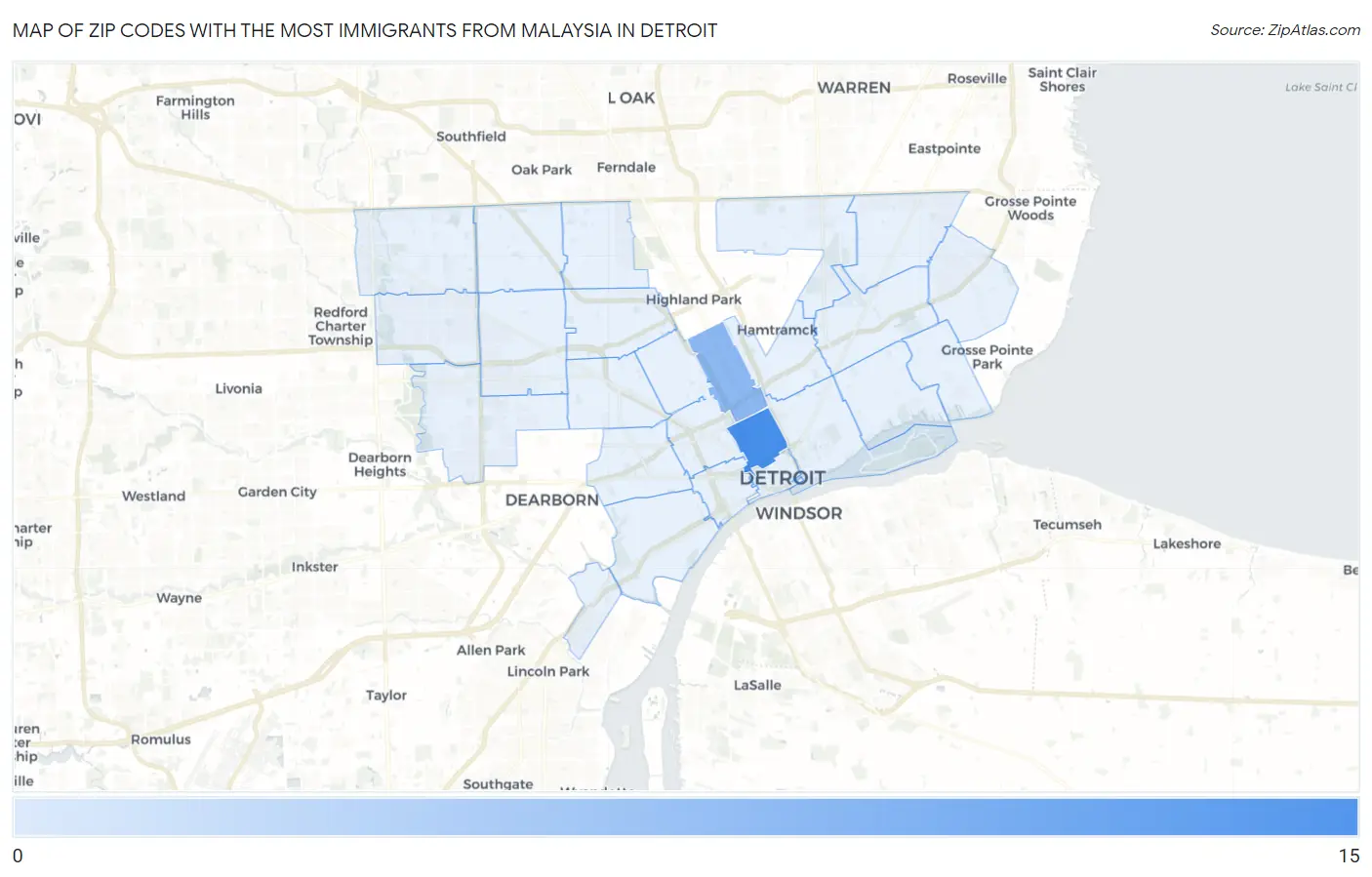 Zip Codes with the Most Immigrants from Malaysia in Detroit Map