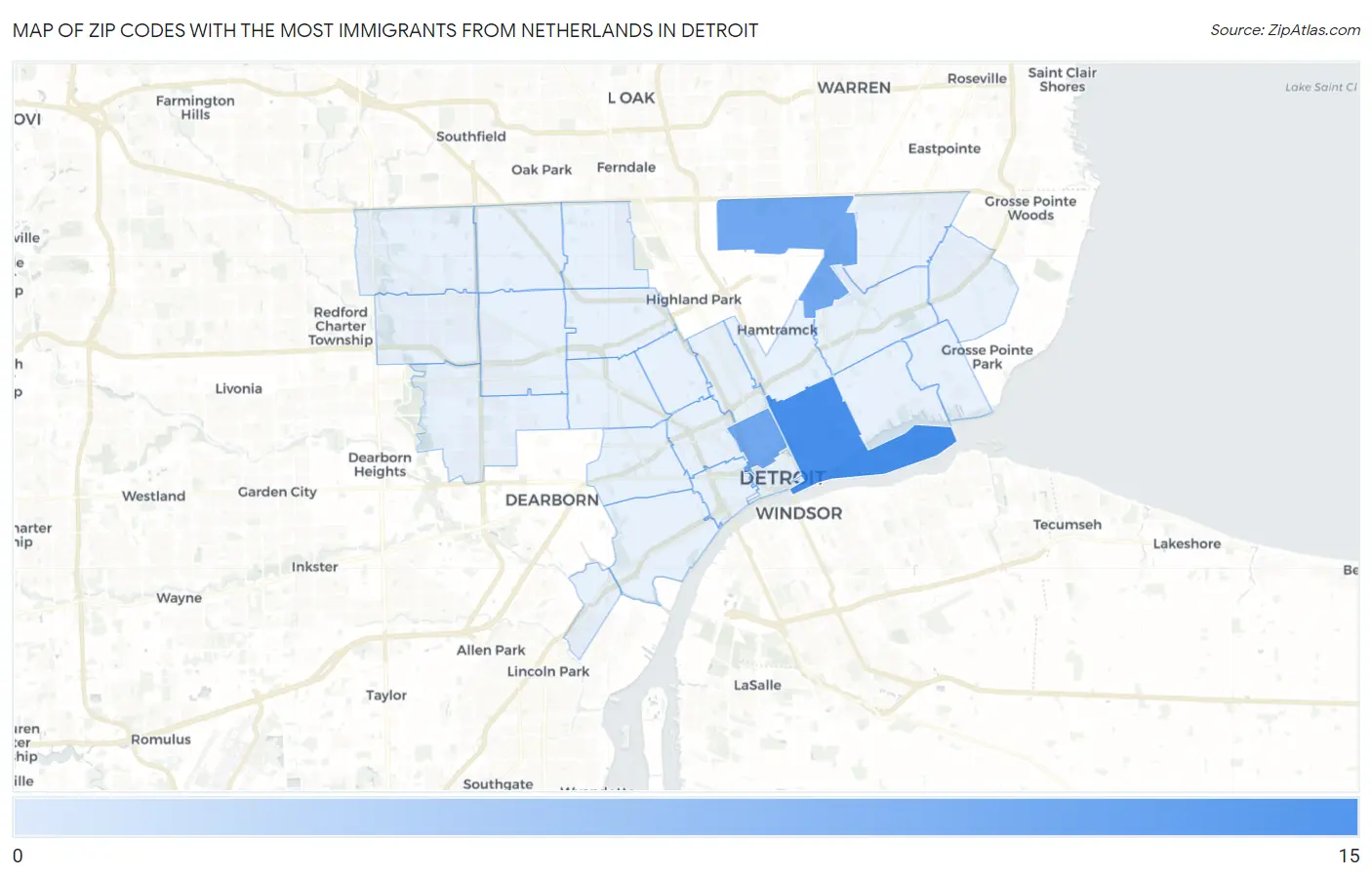 Zip Codes with the Most Immigrants from Netherlands in Detroit Map