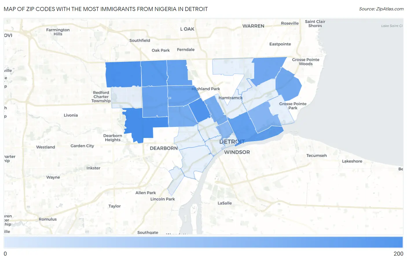 Zip Codes with the Most Immigrants from Nigeria in Detroit Map