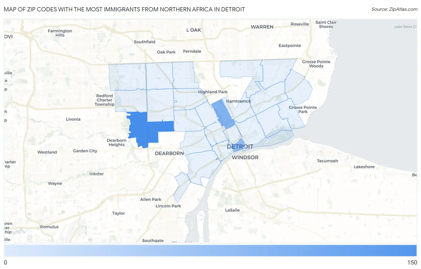 Zip Codes with the Most Immigrants from Northern Africa in Detroit Map