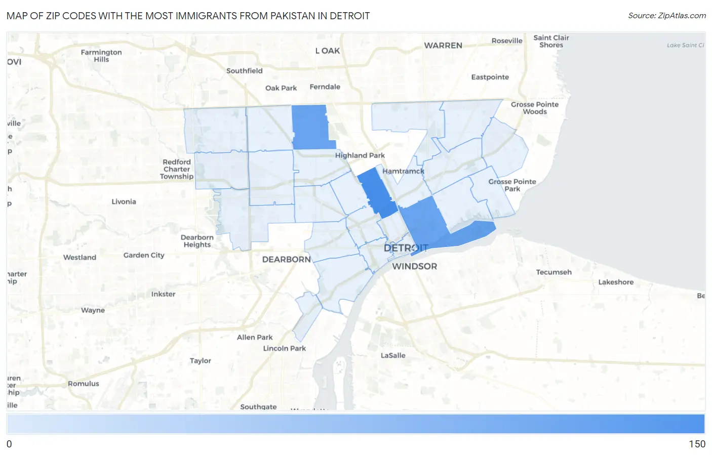 Zip Codes with the Most Immigrants from Pakistan in Detroit Map