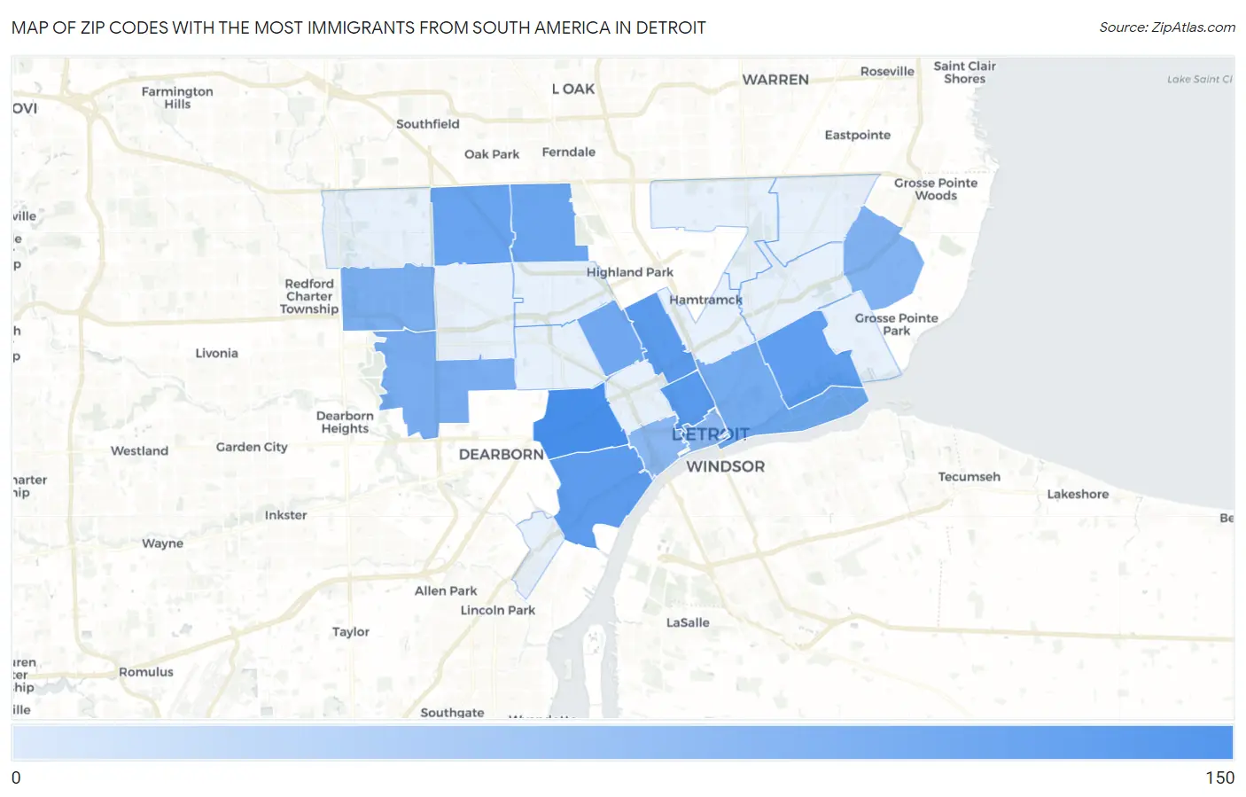 Zip Codes with the Most Immigrants from South America in Detroit Map