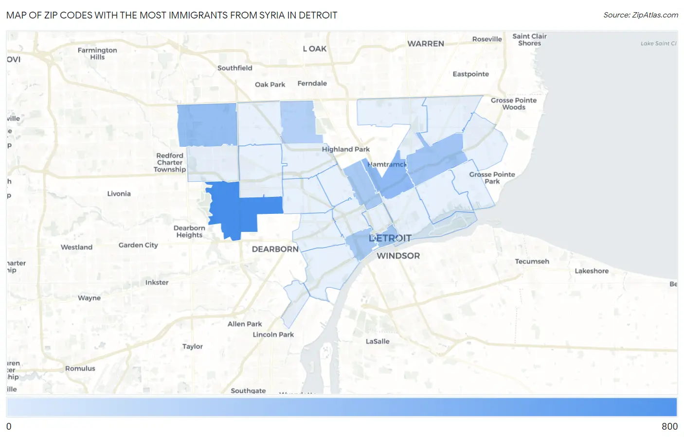 Zip Codes with the Most Immigrants from Syria in Detroit Map