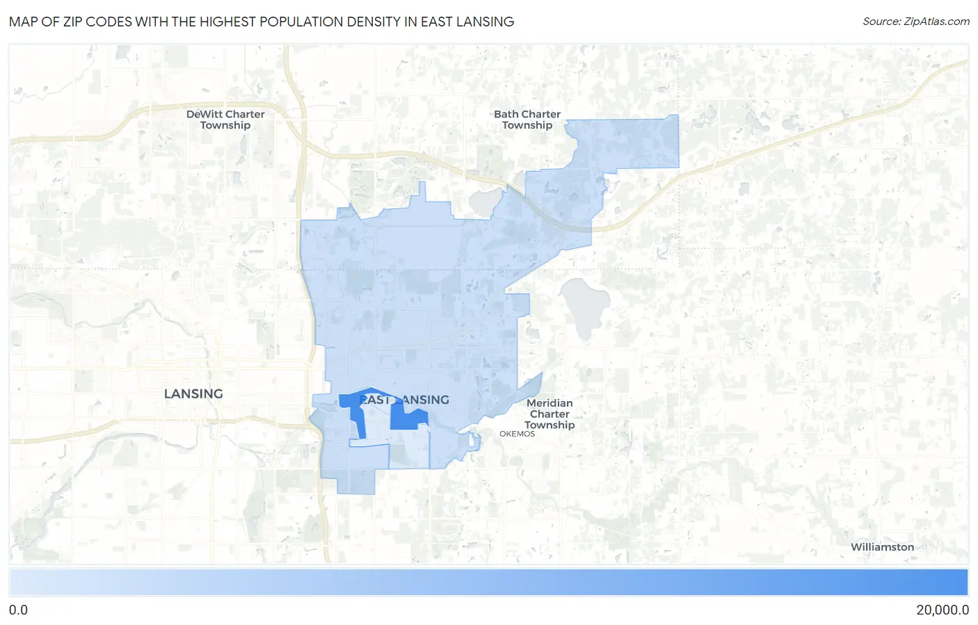 Zip Codes with the Highest Population Density in East Lansing Map