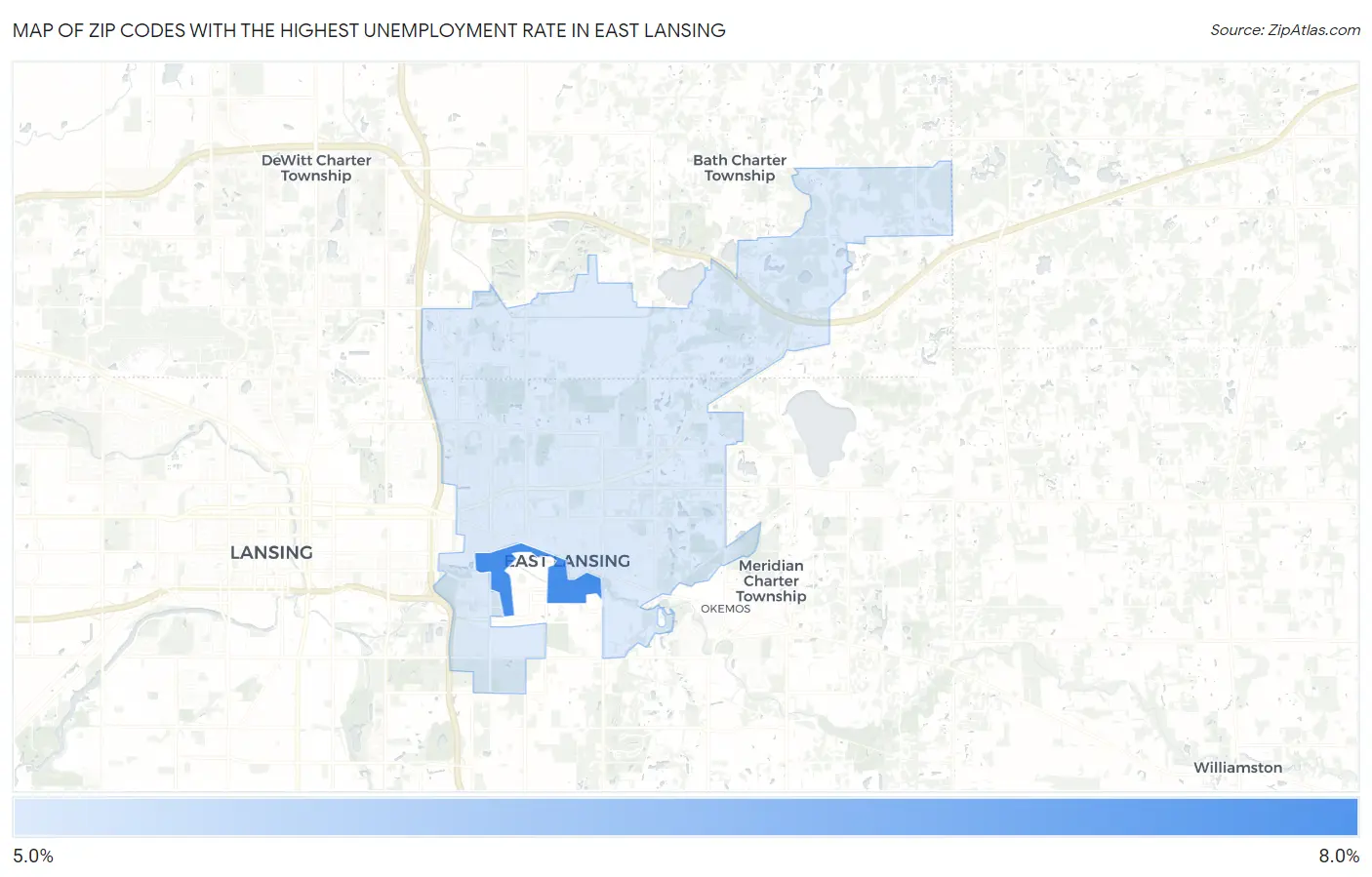 Zip Codes with the Highest Unemployment Rate in East Lansing Map