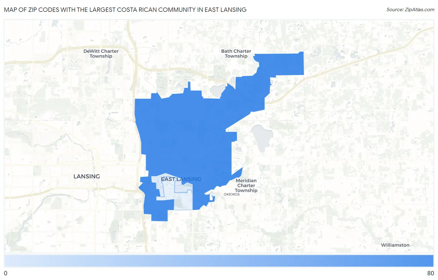 Zip Codes with the Largest Costa Rican Community in East Lansing Map