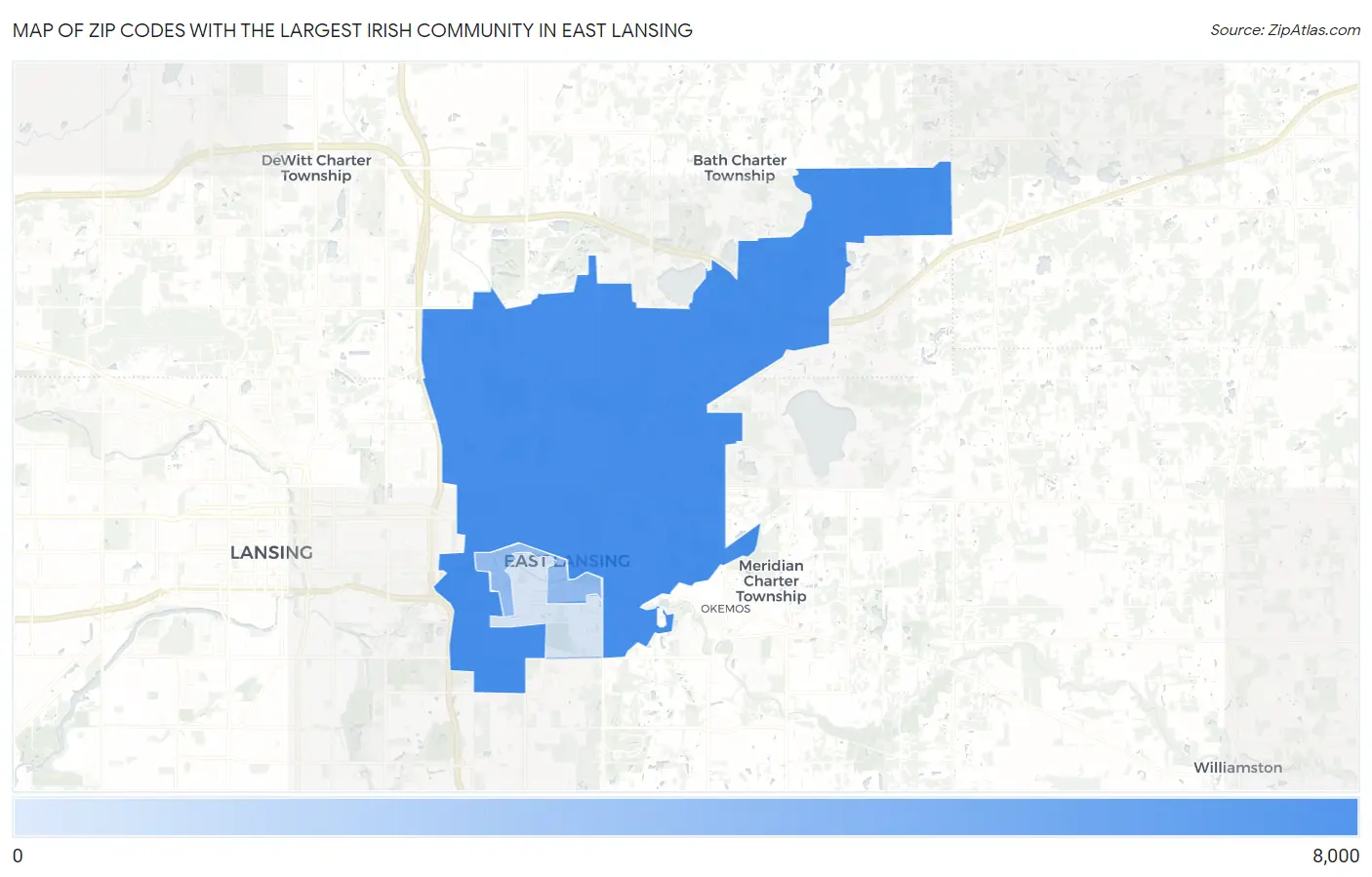 Zip Codes with the Largest Irish Community in East Lansing Map