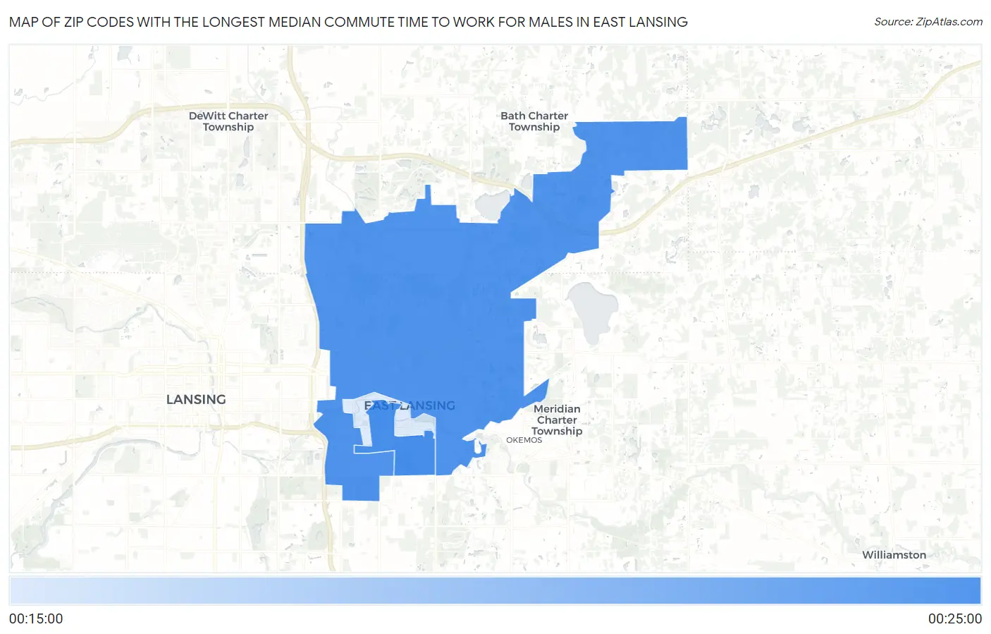 Zip Codes with the Longest Median Commute Time to Work for Males in East Lansing Map
