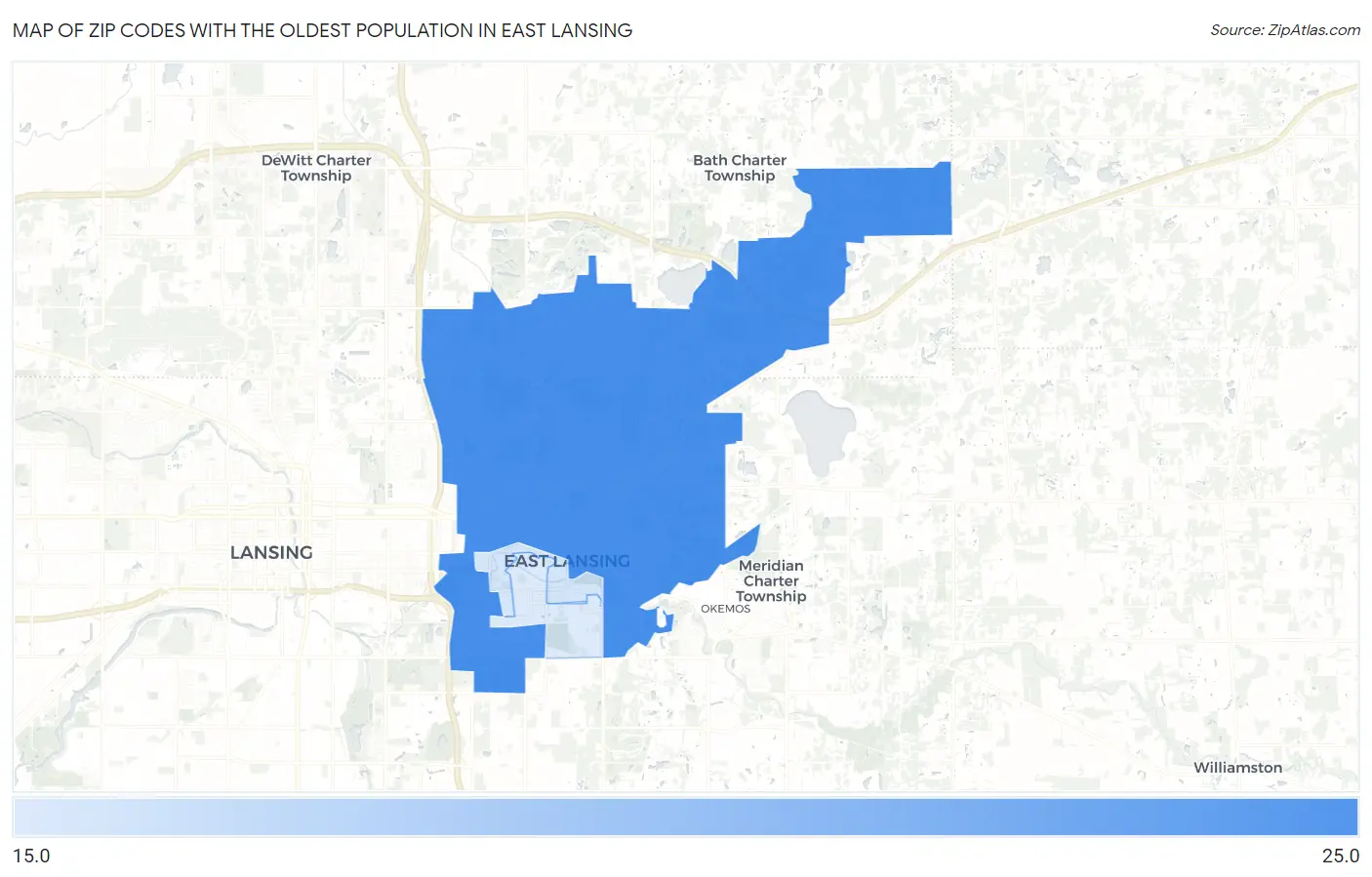 Zip Codes with the Oldest Population in East Lansing Map