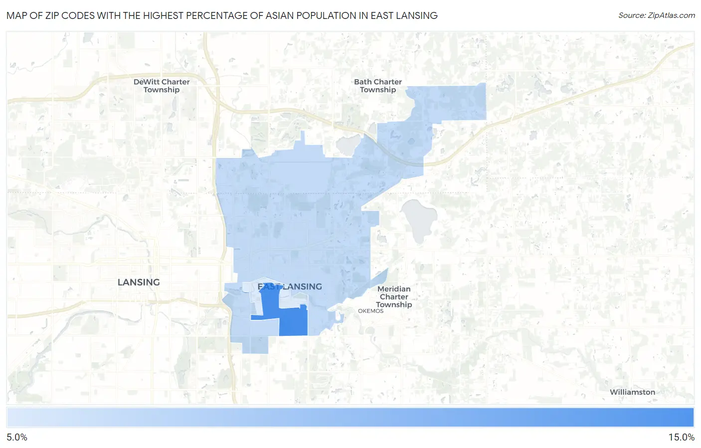 Zip Codes with the Highest Percentage of Asian Population in East Lansing Map