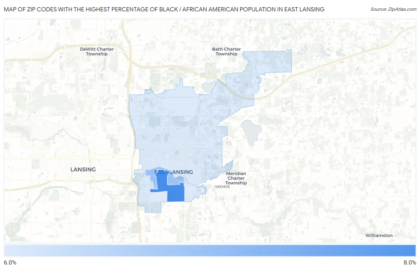 Zip Codes with the Highest Percentage of Black / African American Population in East Lansing Map
