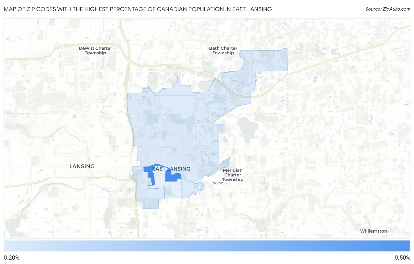 Zip Codes with the Highest Percentage of Canadian Population in East Lansing Map