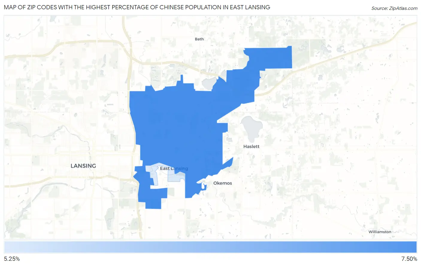 Zip Codes with the Highest Percentage of Chinese Population in East Lansing Map
