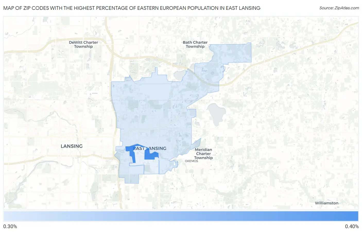 Zip Codes with the Highest Percentage of Eastern European Population in East Lansing Map