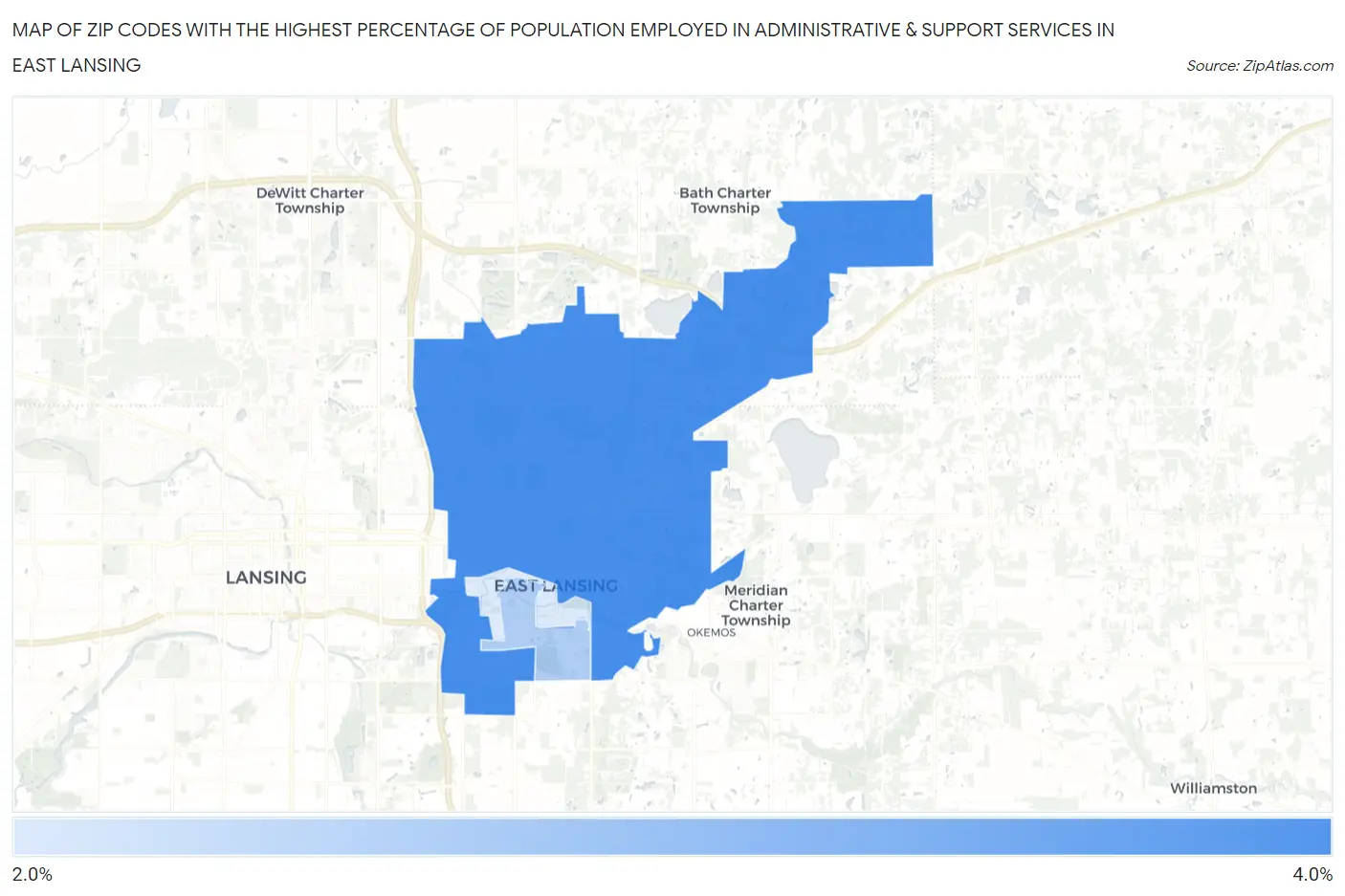 Zip Codes with the Highest Percentage of Population Employed in Administrative & Support Services in East Lansing Map