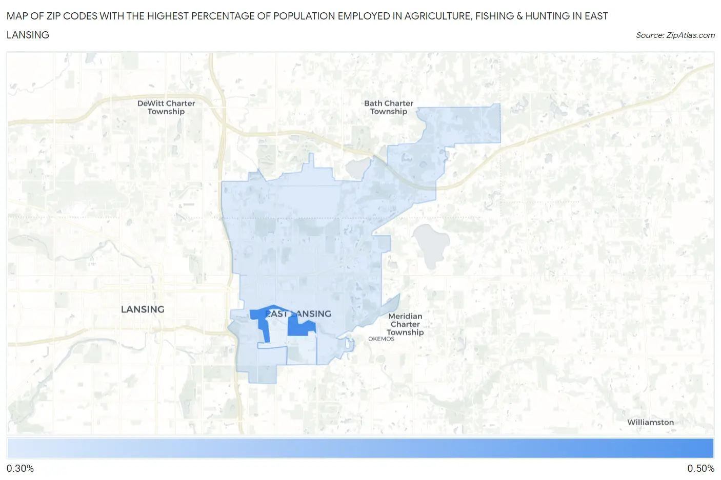 Zip Codes with the Highest Percentage of Population Employed in Agriculture, Fishing & Hunting in East Lansing Map