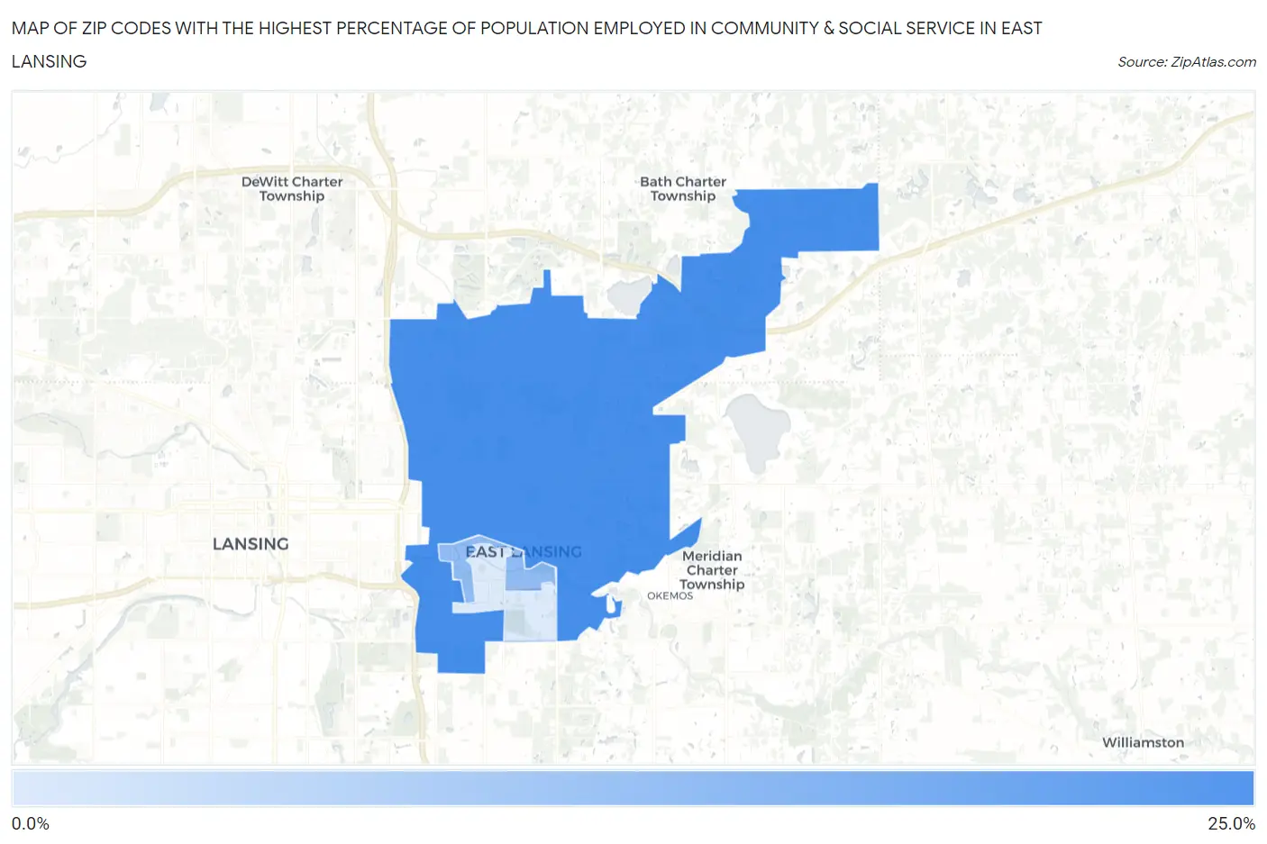Zip Codes with the Highest Percentage of Population Employed in Community & Social Service  in East Lansing Map