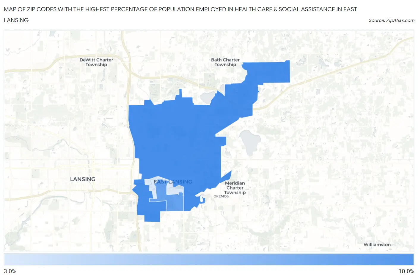 Zip Codes with the Highest Percentage of Population Employed in Health Care & Social Assistance in East Lansing Map