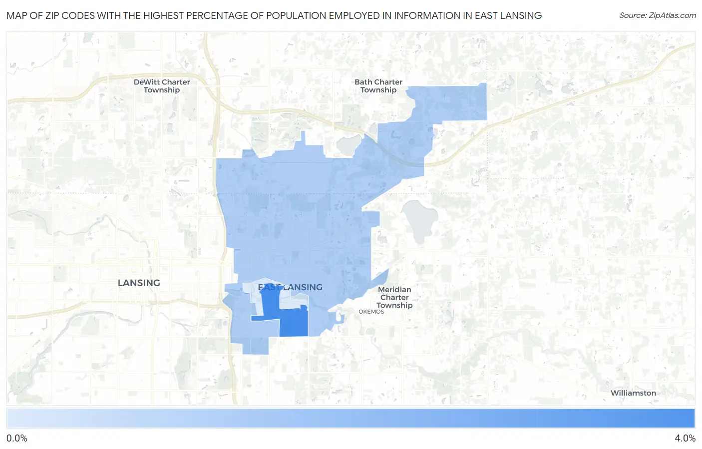 Zip Codes with the Highest Percentage of Population Employed in Information in East Lansing Map