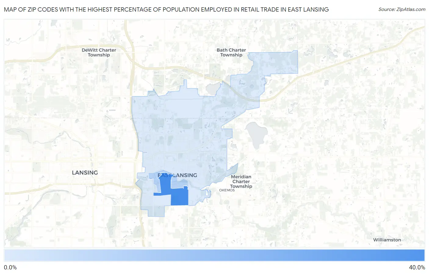 Zip Codes with the Highest Percentage of Population Employed in Retail Trade in East Lansing Map