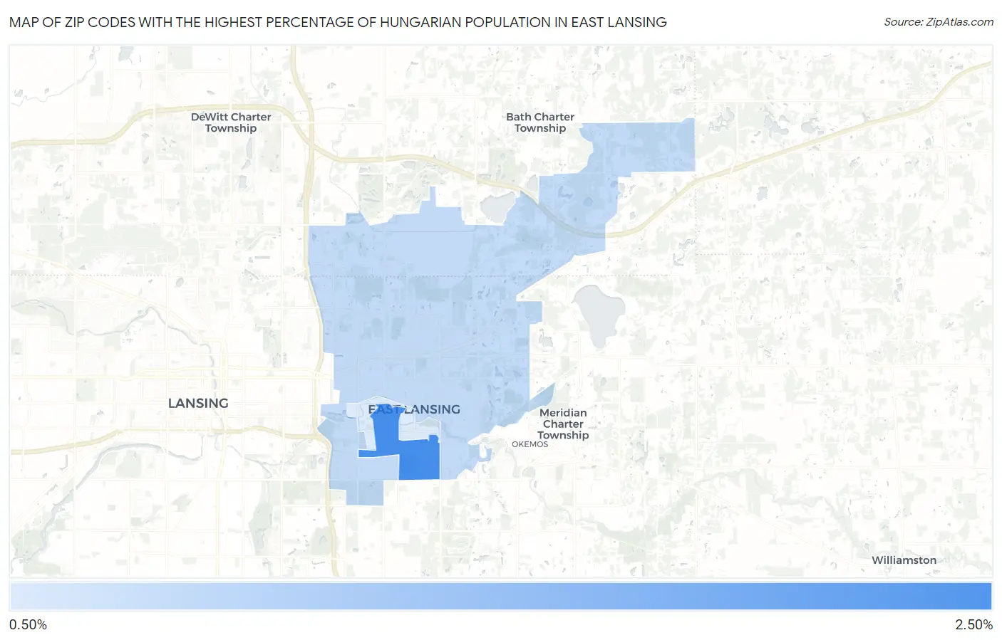 Zip Codes with the Highest Percentage of Hungarian Population in East Lansing Map