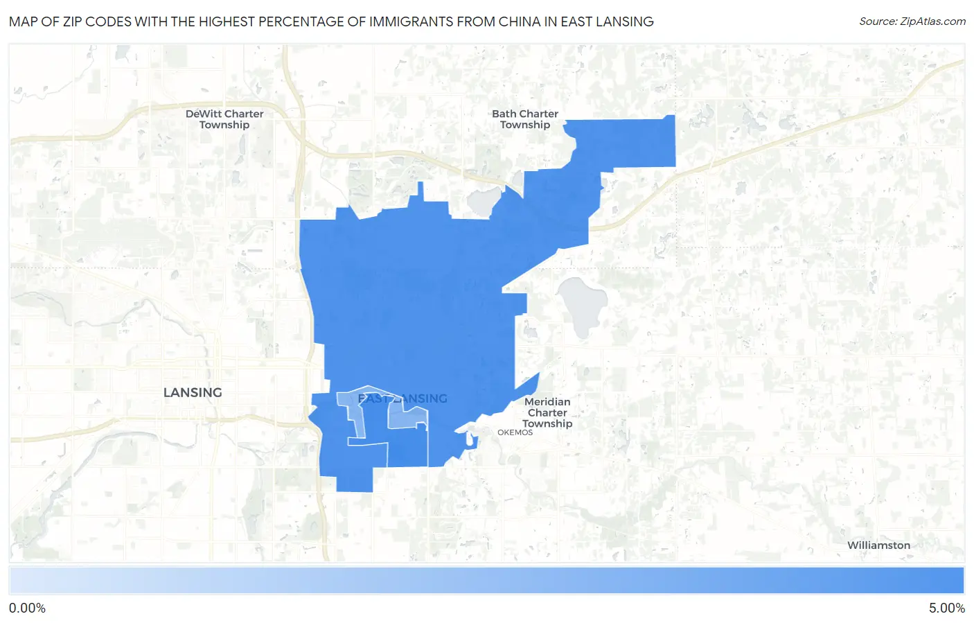 Zip Codes with the Highest Percentage of Immigrants from China in East Lansing Map